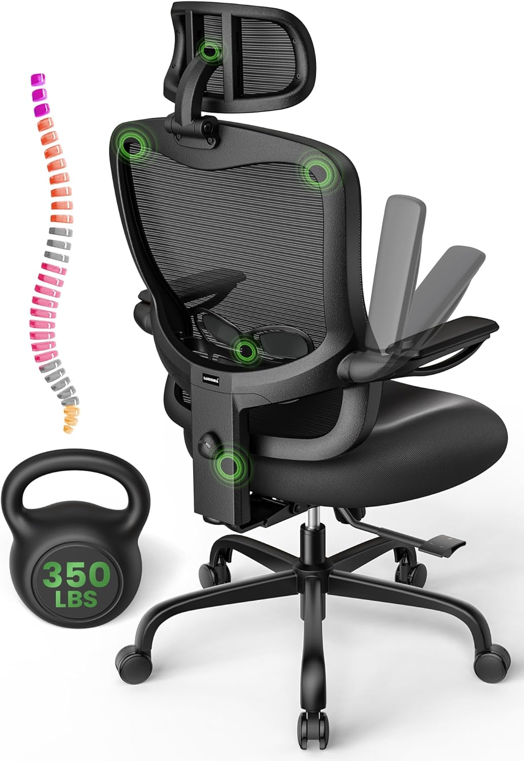 Ergonomic Office Chair Big and Tall - 6'5" Tall Max, 350Lbs Capacity Computer Desk Chairs Over 10 Hours Comfortable, with Adjustable Mesh High Back, Lumbar Support, 3D Headrest, Flip-up Arms