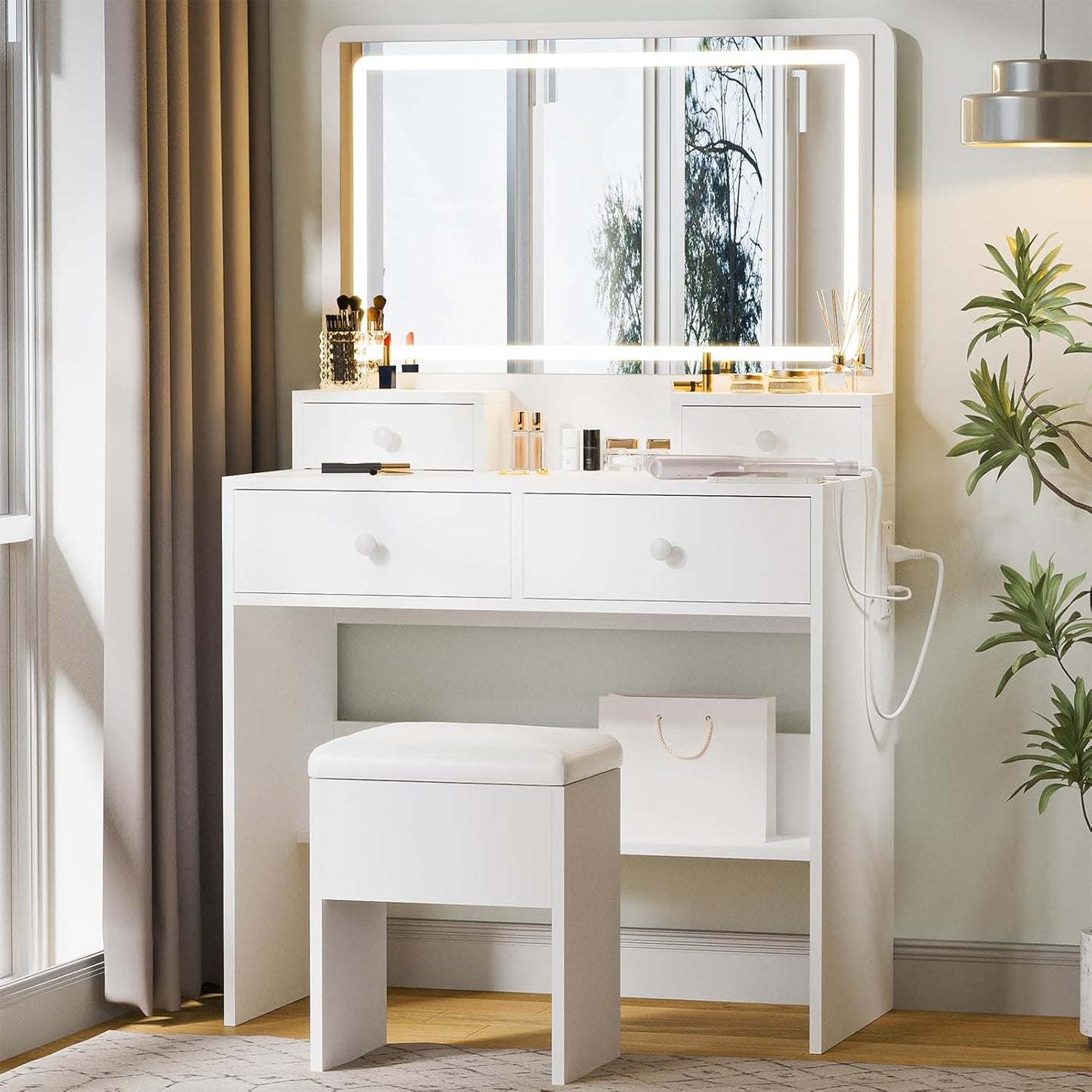 Haewon Vanity Desk with Mirror and LED Lights, White Makeup Vanity with Power Outlet, Storage Drawers and Chair, Dressing Table Set for Bedroom Dressing Room