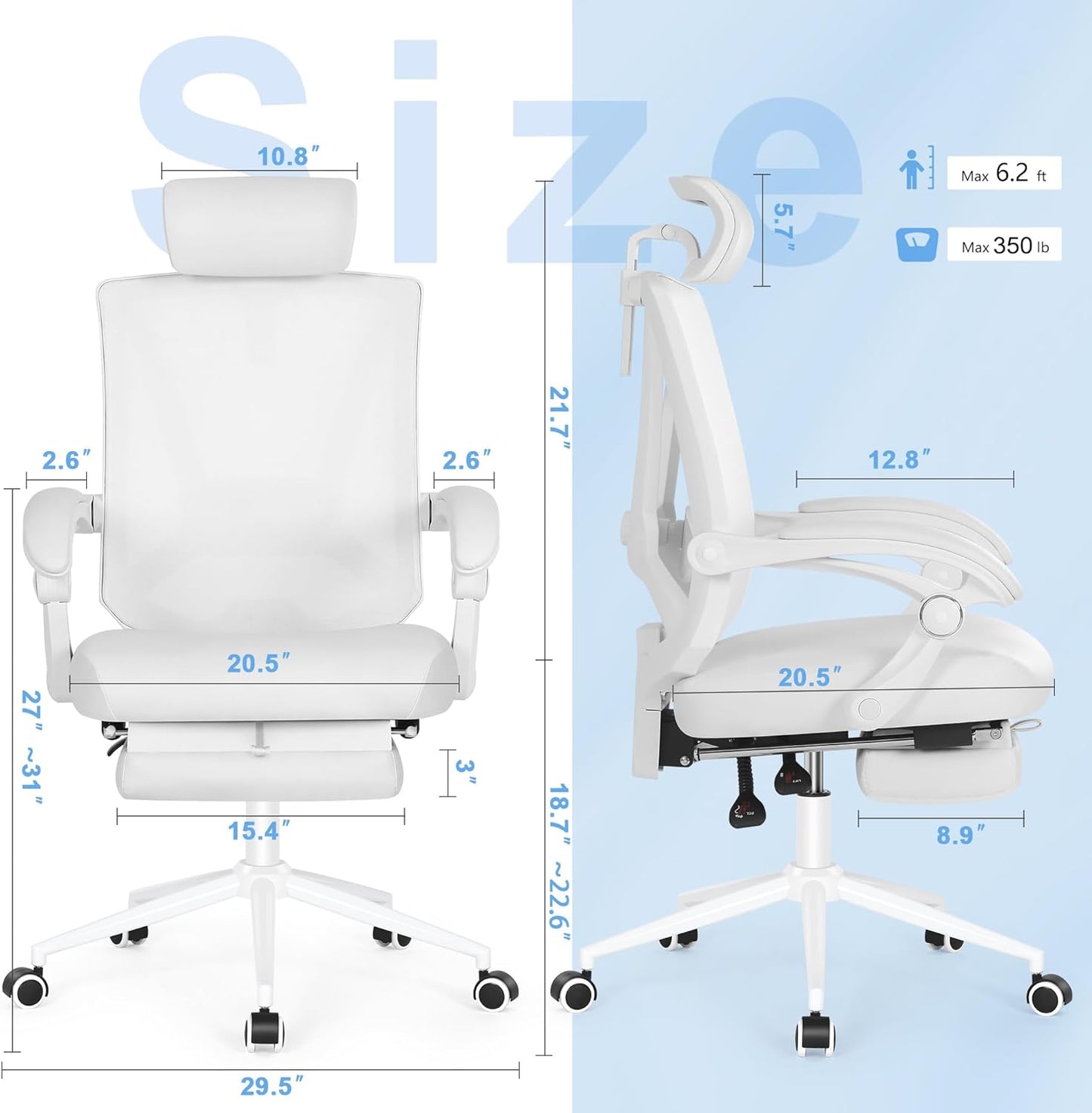 Misolant Ergonomic Office Chair with Footrest, Ergonomic Desk Chair with Adjustable 2D Lumbar Support, High Back Computer Chair with Adjustable Headrest, White Comfortable Leather Office Chairs