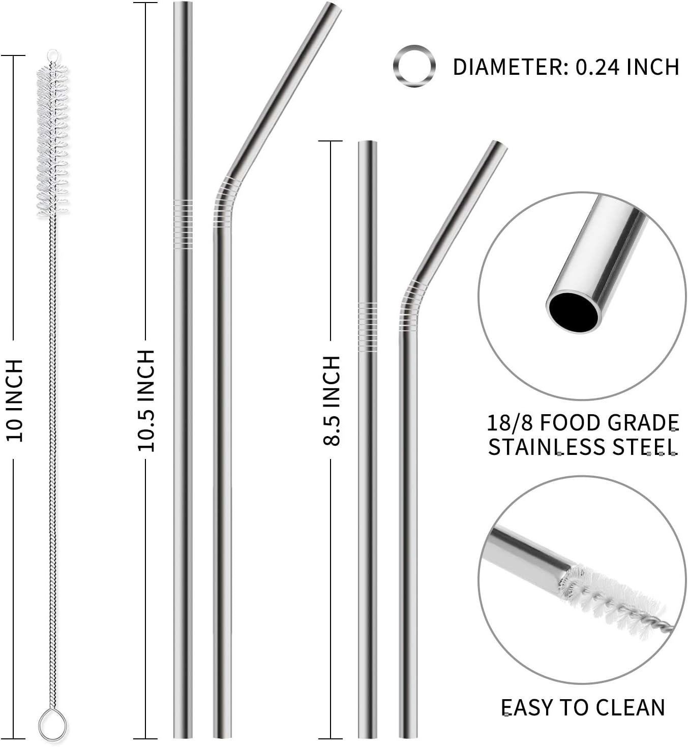 Hiware 12-Pack Reusable Stainless Steel Metal Straws with Case - Long Drinking Straws for 30 oz and 20 oz Tumblers Dishwasher Safe - 2 Cleaning Brushes Included