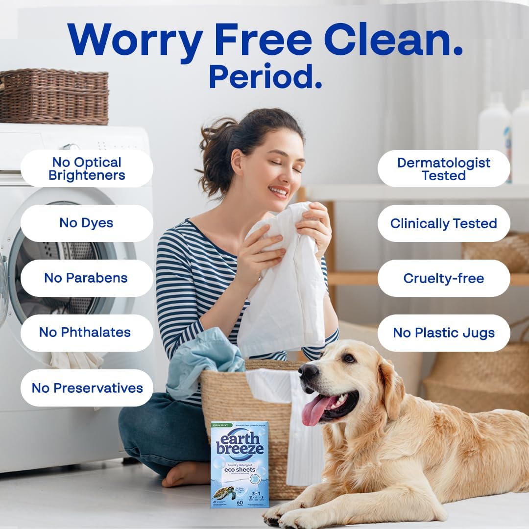 Earth Breeze Laundry Detergent Sheets Fresh Scent - 60 Loads Eco Liquidless Soap - Travel-Friendly for Hot & Cold Cycles, Tackles Tough Stains & Odors - Gentle on Skin, 30 Ct