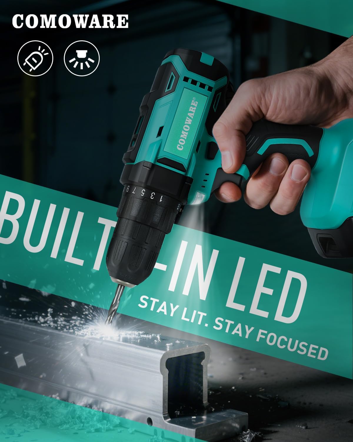 COMOWARE 20V Cordless Drill, Electric Power Drill Set with 1 Battery & Charger, 3/8” Keyless Chuck, 2 Variable Speed, 266 In-lb Torque, 25+1 Position and 34pcs Drill/Driver Bits