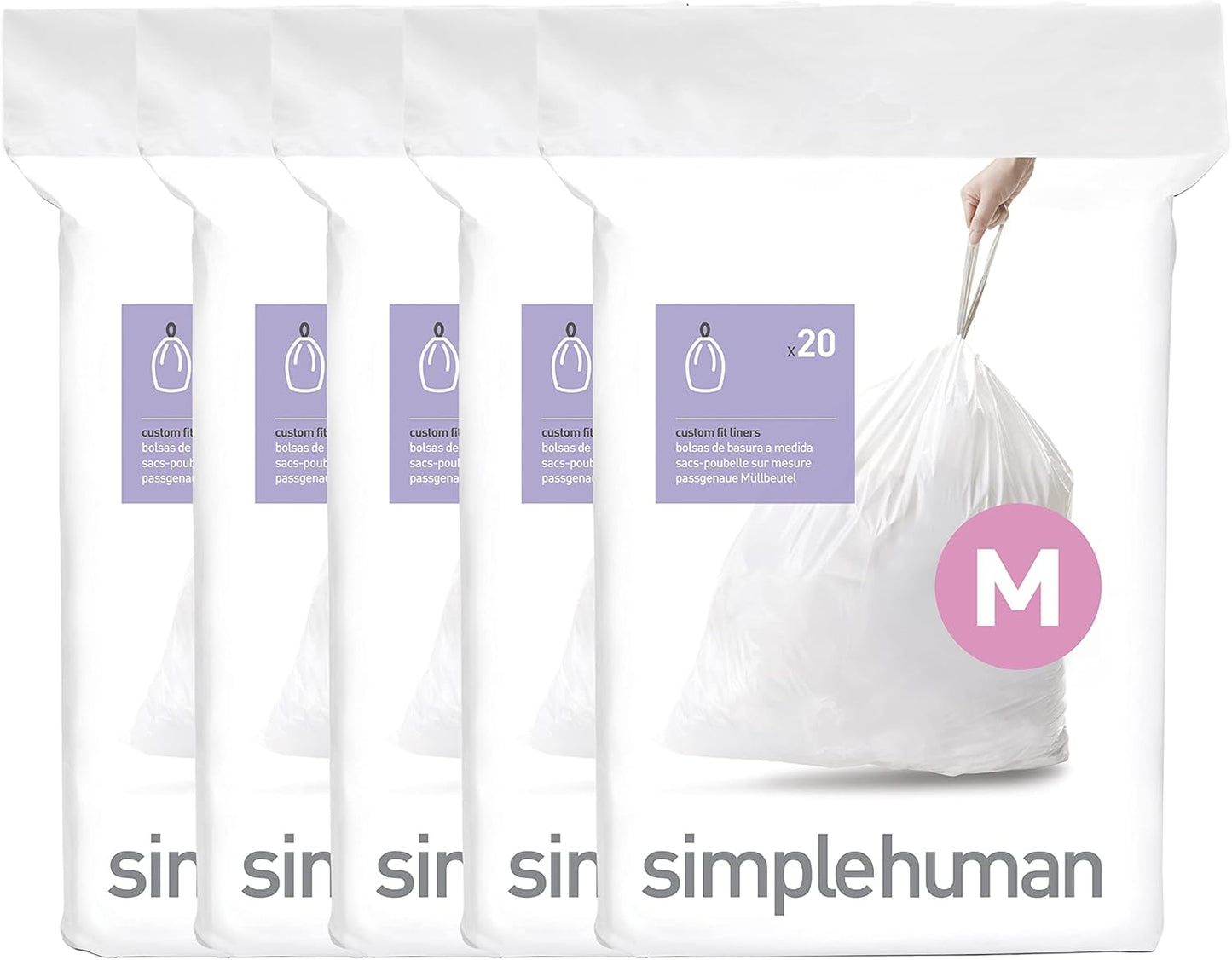simplehuman Code M 100 Count, Dispenser Pack Custom Fit Liners, Drawstring Trash Bags, 45 Liter / 11.9 Gallon, White