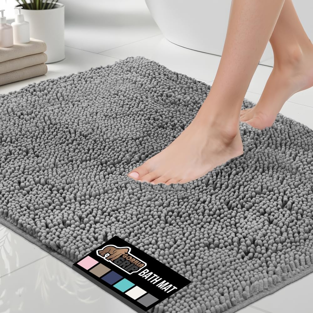 GORILLA GRIP Bath Rug Mat, Thick Soft Absorbent Chenille, Quick Dry Microfiber Mats, Rubber Backing Washable Shower Floor Rugs, Bathmat Runner, US Designed Bathroom Home Decor Accessories 24x17, Grey
