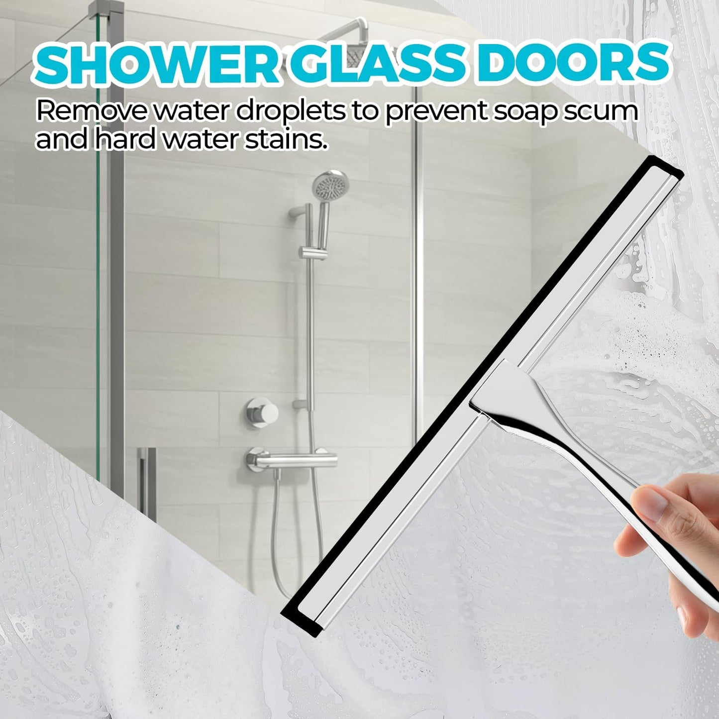2PACK Shower Squeegee for Glass Doors, Squeegee for Shower Glass,All-Purpose Tile Walls, Bathroom, Window, Glass and Car Windshield, Mirrors and Kitchen-Stainless Steel, 10 Inches, Silver