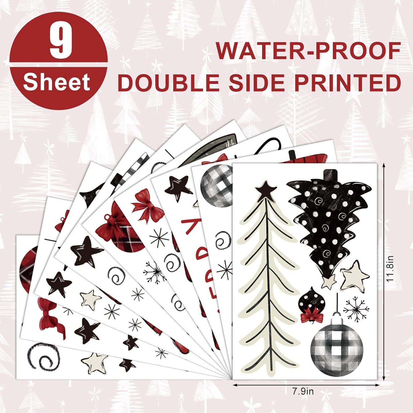 Whaline Merry Christmas Window Clings Red Black Xmas Tree Ball Snowflake Window Stickers Double-Side Plaid Glass Decals for Home Party Supplies, 7.9 x 11.8 Inch, 9 Sheets