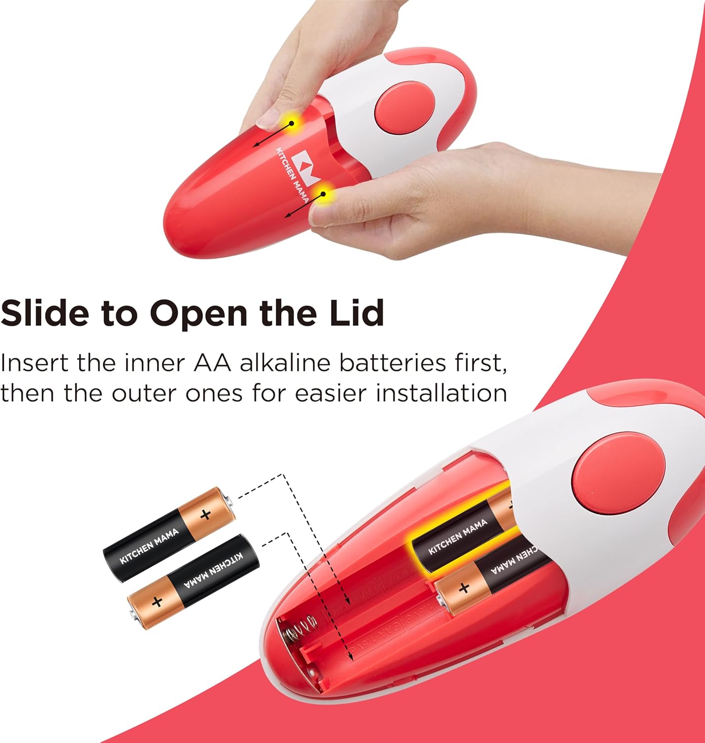 Kitchen Mama Auto Electric Can Opener: Open Your Cans with A Simple Press of Button - Automatic, Hands Free, Smooth Edge, Battery Operated, YES YOU CAN (Red)