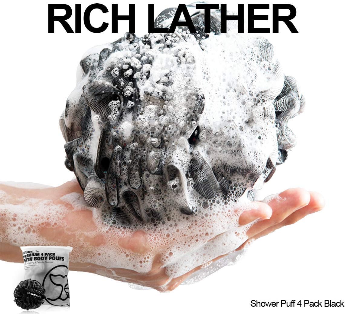 Shower Puff 4 Pack Black Bath Sponge Shower Loofahs Pouf Ball Nature Bamboo Charcoal Mesh Bulk Puffs Large, Shower Essential Skin Care by WhaleLife