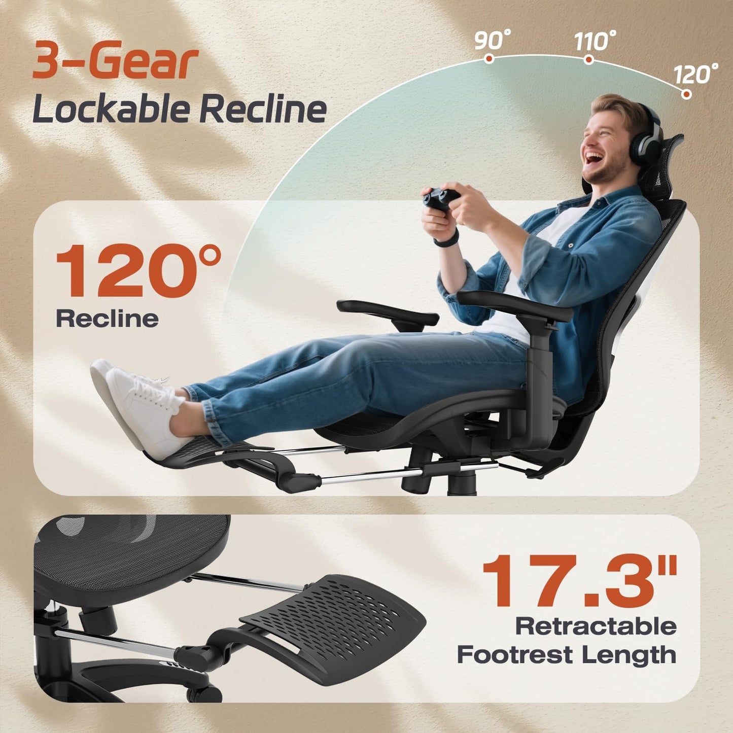 Ergonomic Office Chair, Mesh Desk Chair with Footrest, Adjustable Lumbar Support, 3D Armrest & Large Headrest, 3-Gear Tilt Recline, Stable Swivel Computer Gaming Chairs for Man Woman