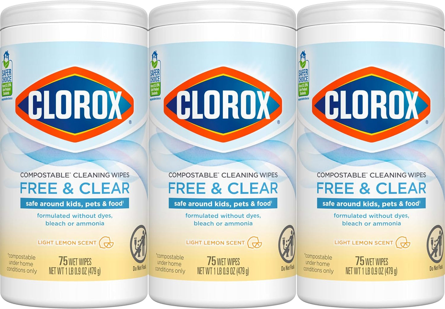Clorox Free & Clear Compostable Cleaning Wipes, Light Lemon Scent, 75 Count, Pack of 3 (Pack May Vary)