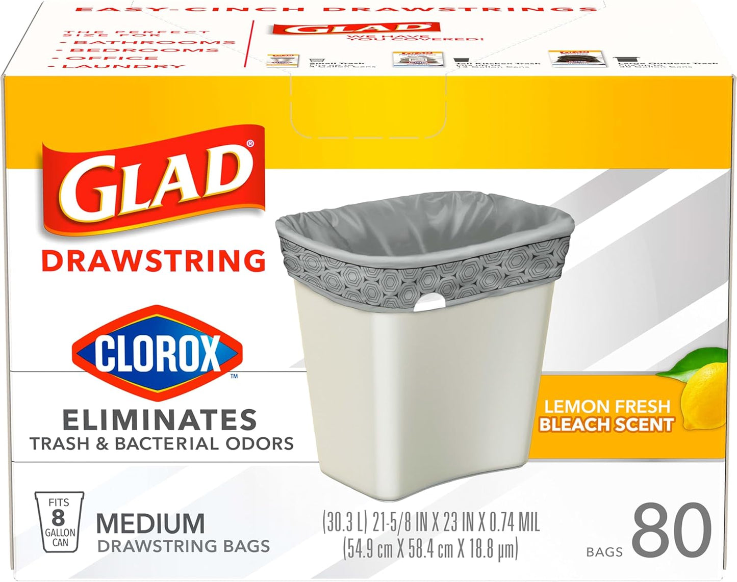 Glad Medium Trash Bags, 8 Gallon, Lemon Fresh Bleach Garbage Bags, Resists Bacterial Odors with Drawstring, 80 Count