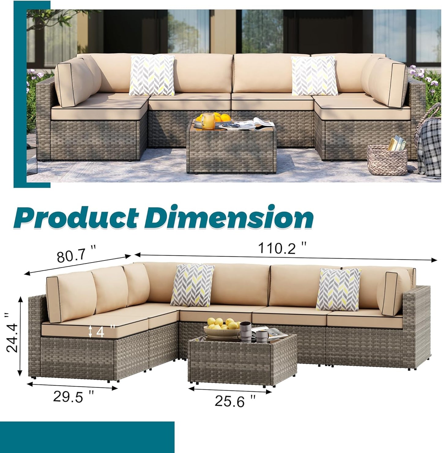 Shintenchi 7 Pieces Outdoor Patio Sectional Sofa Couch, Wicker Furniture Patio Conversation Sets with Washable Cushions & Coffee Table for Garden, Poolside, Backyard