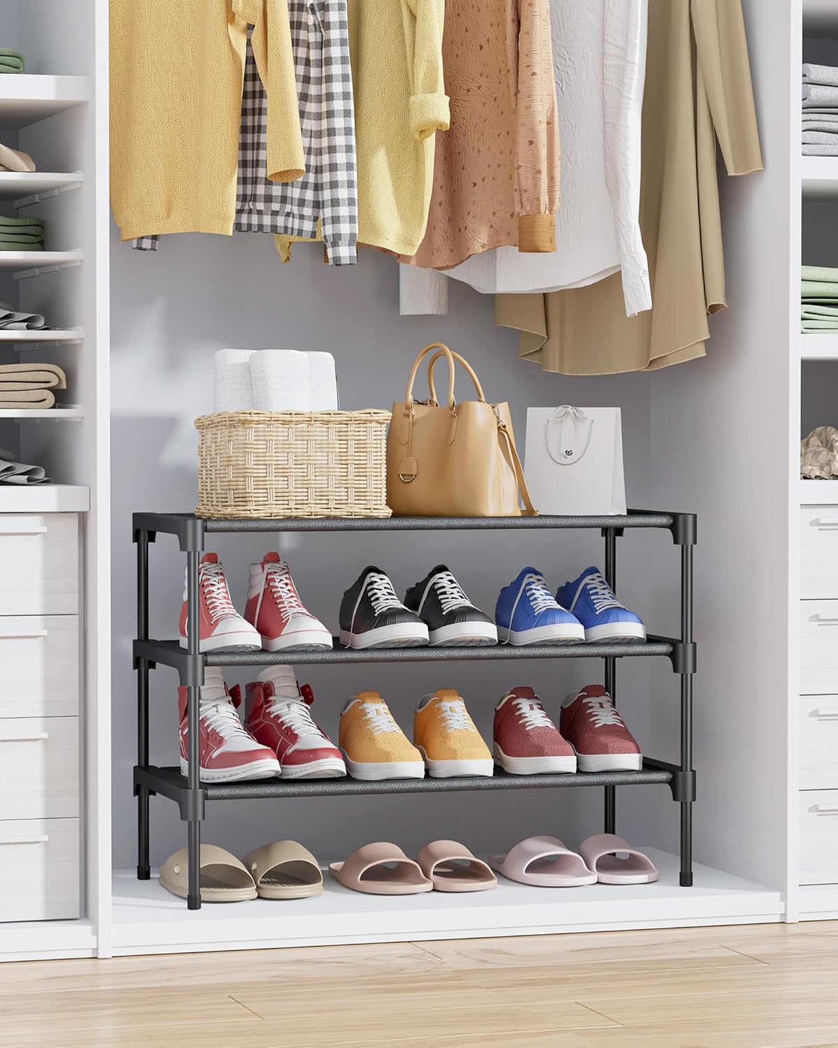 Kitsure Shoe Rack - Premium Non-Woven Shoe Rack Shelf, Shoe Organizer for Closet, Entryway, Garage & Corridor, Sturdy & Durable Long Stackable Shoe Shelves, Medium, Black
