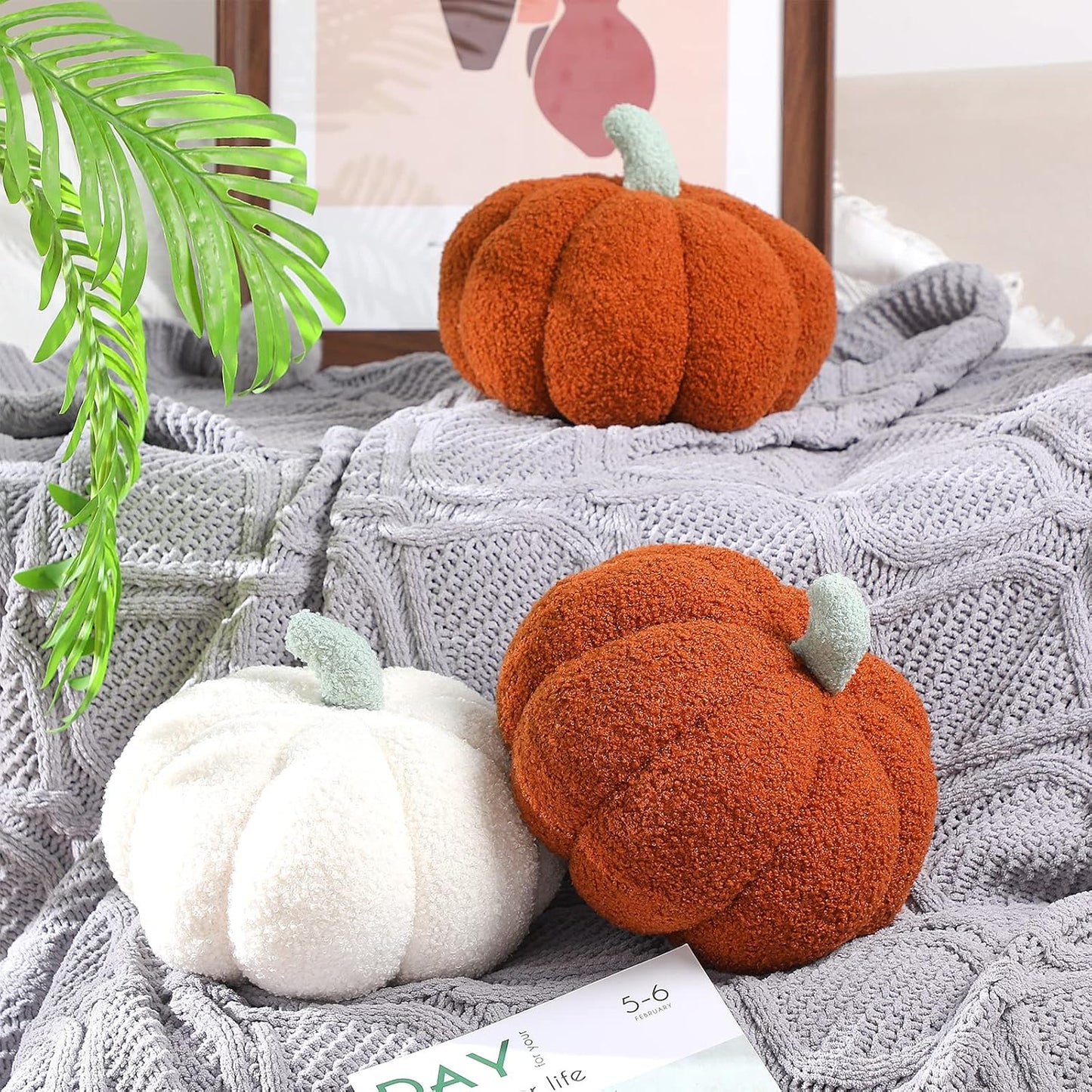 Kajaia 2 Pcs Simulated Pumpkin Pillow Plush 11 x 9.5 Inch 3D Cushion Fall Decorations Stuffed Throw Pillows Toy for Thanksgiving Christmas Halloween Bedroom Sofa Couch Supplies (White,Brown)