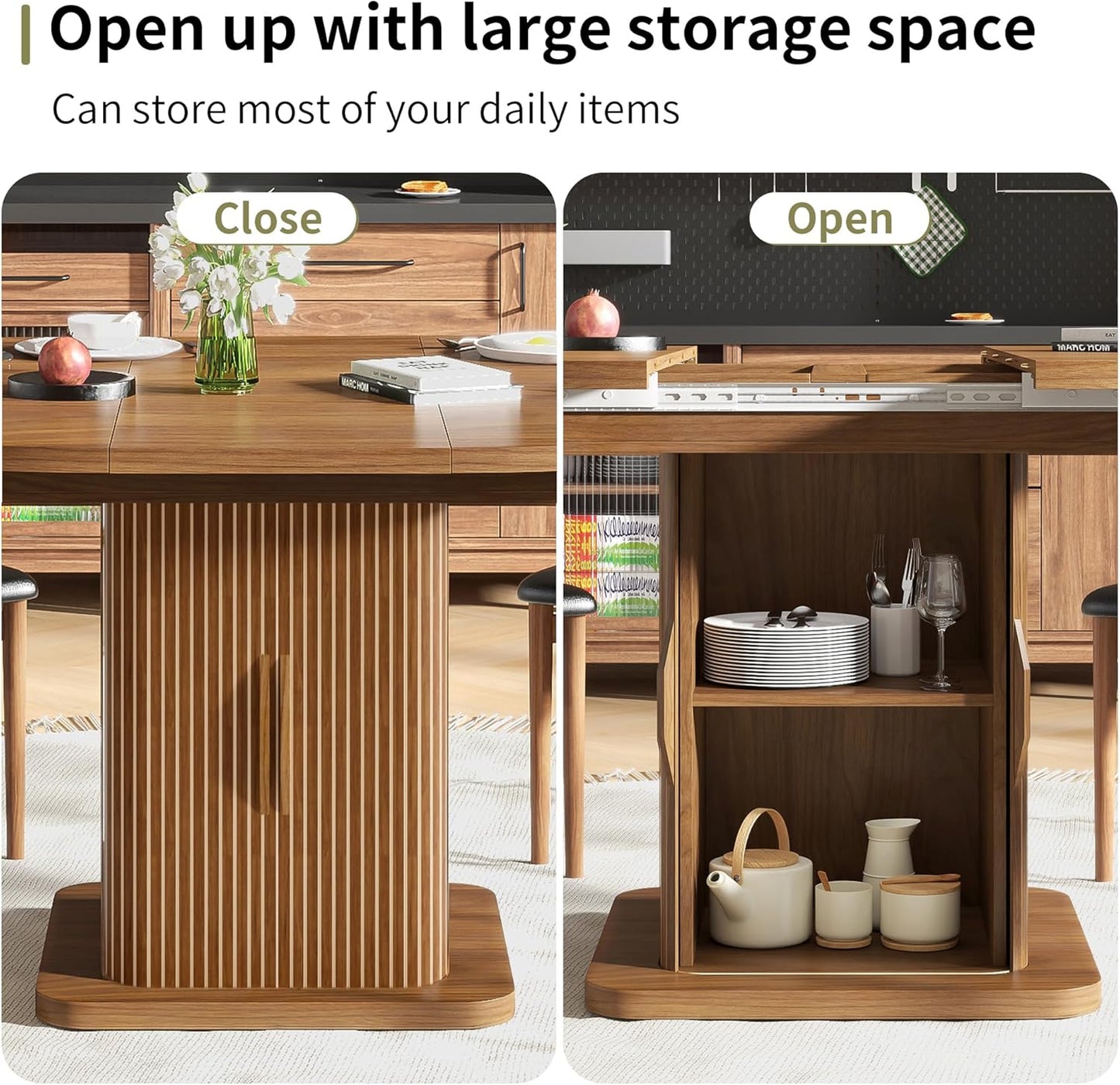 Extendable Round Dining Table for 4-6-8, 59 Inch Dining Room Kitchen Table with Storage, Fluted Wood Slide Door, Modern Oval Circle Dinner Furniture for Living Room, Farmhouse, Brown, Walnut