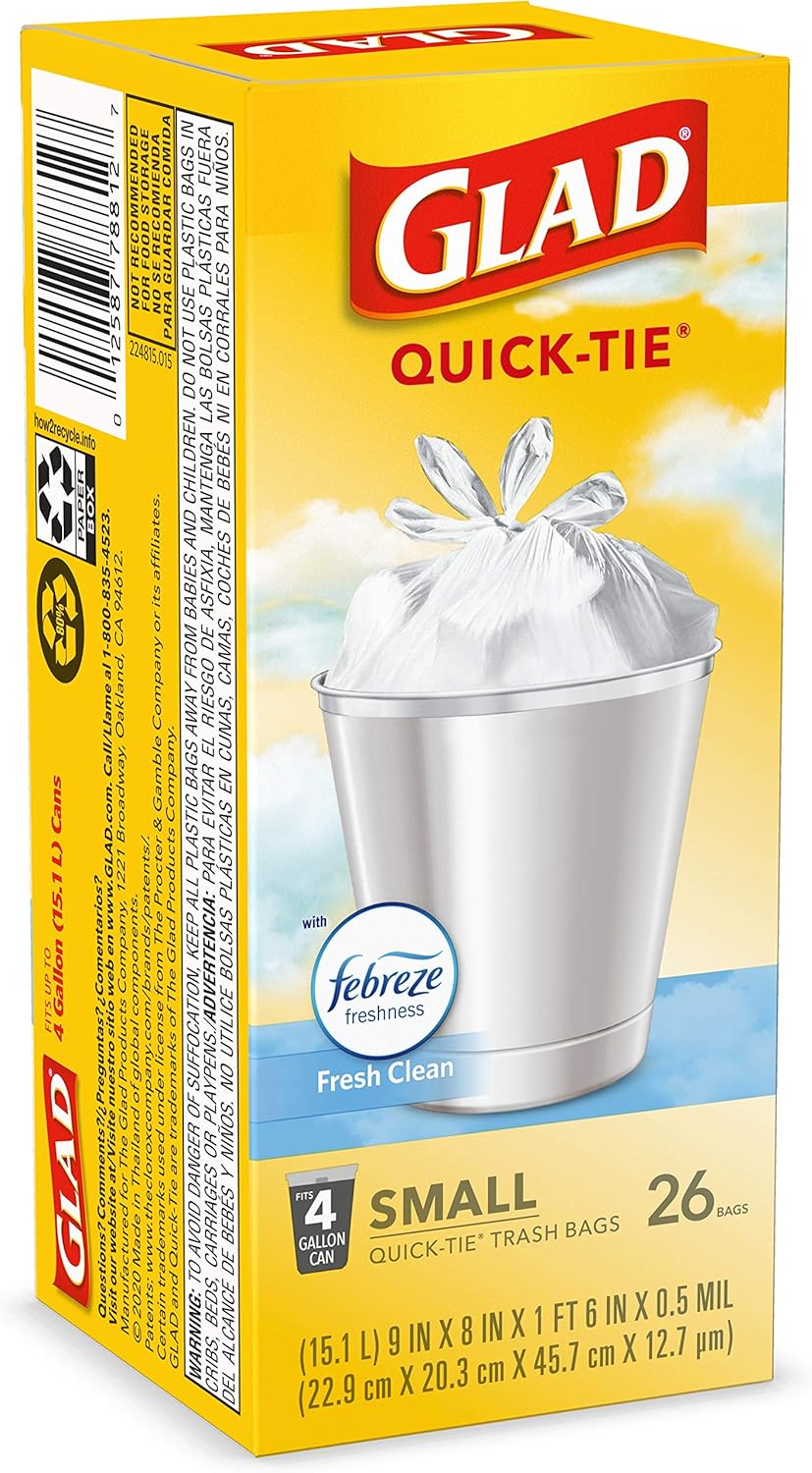 Glad OdorShield Small Trash Bags, Febreze Fresh Clean, 4 Gal, 26 Ct (Package May Vary)