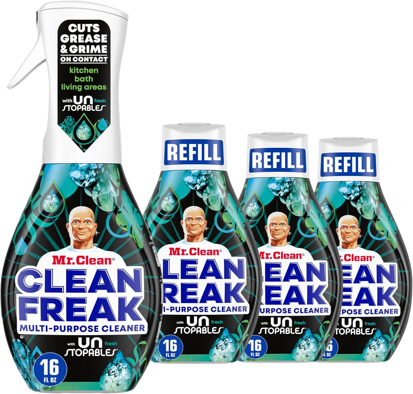 Mr. Clean Clean Freak Multi Surface Cleaning Spray, Deep Cleaning Mist Starter Kit and Refill Bundle, Unstopables Fresh Scent, 64 fl oz