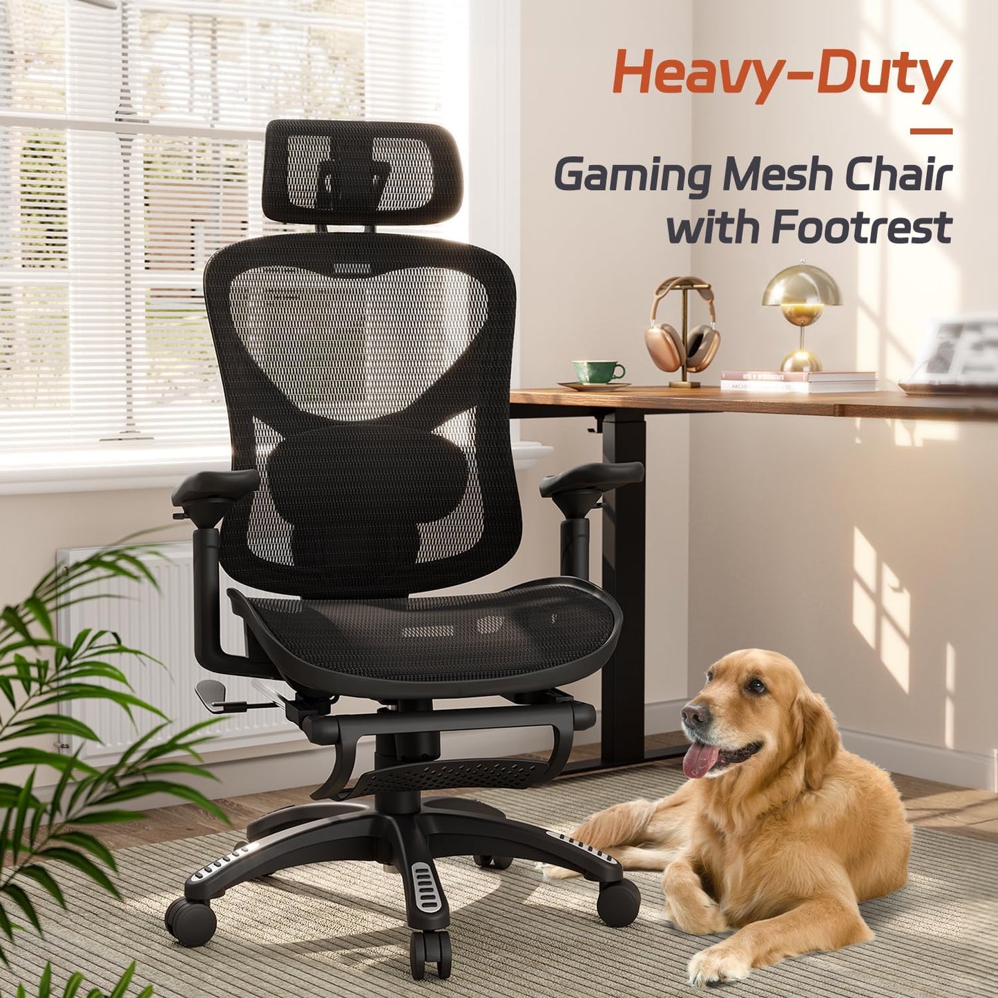Ergonomic Office Chair, Mesh Desk Chair with Footrest, Adjustable Lumbar Support, 3D Armrest & Large Headrest, 3-Gear Tilt Recline, Stable Swivel Computer Gaming Chairs for Man Woman