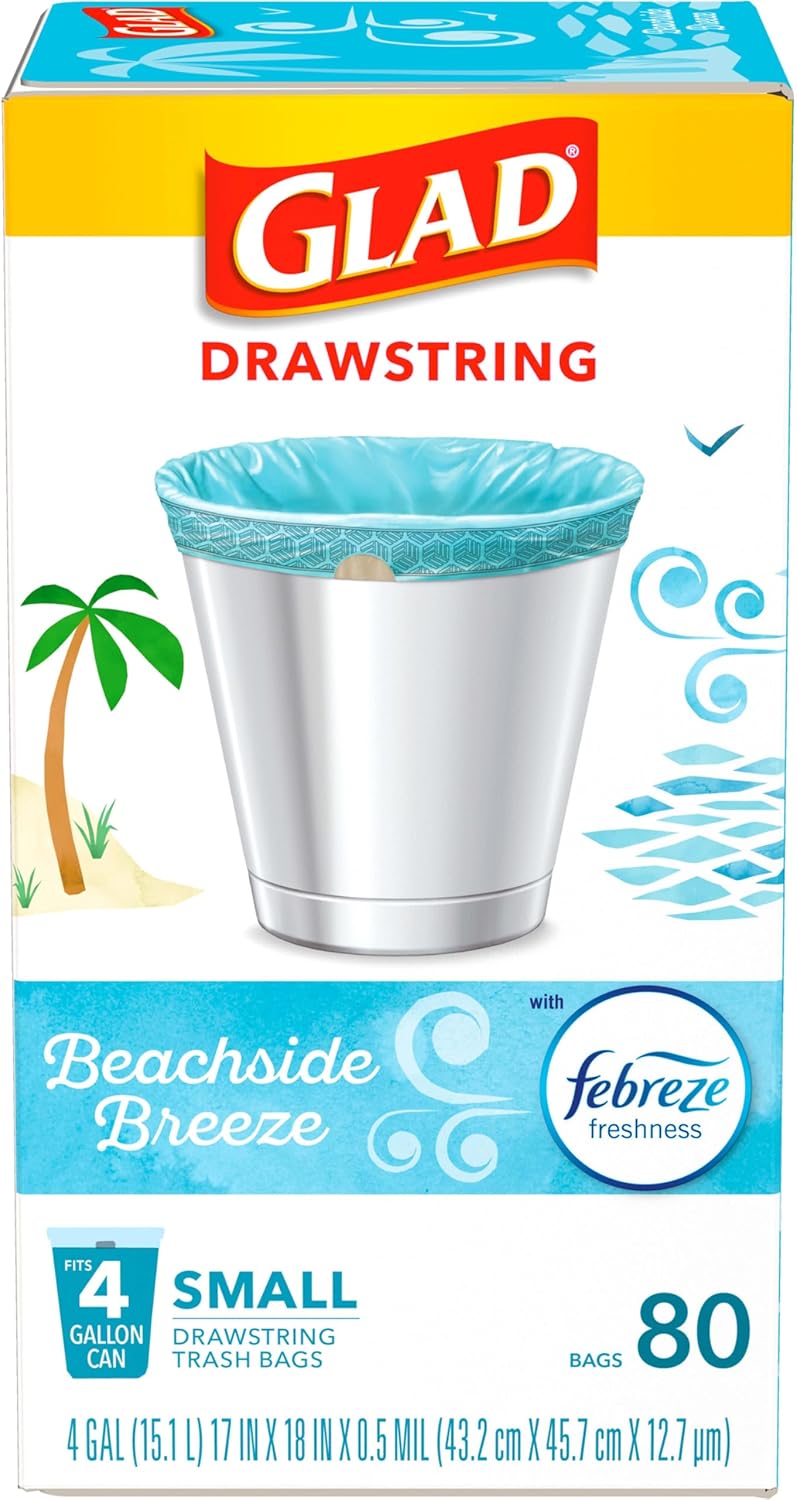 Glad Odorshield Small Drawstring Trash Bags, 4 Gal, Febreze Beachside Breeze, 80 Ct, Pack May Vary