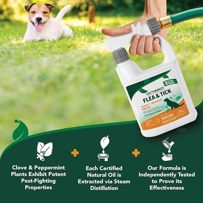 Vet's Best Natural Flea and Tick Yard and Dog Kennel Spray, Plant Safe Tick Spray for Yard with Ready-to-Use Hose Attachment, Mosquito Repellent with Natural Oils, Flea Prevention for Dogs, 32 oz