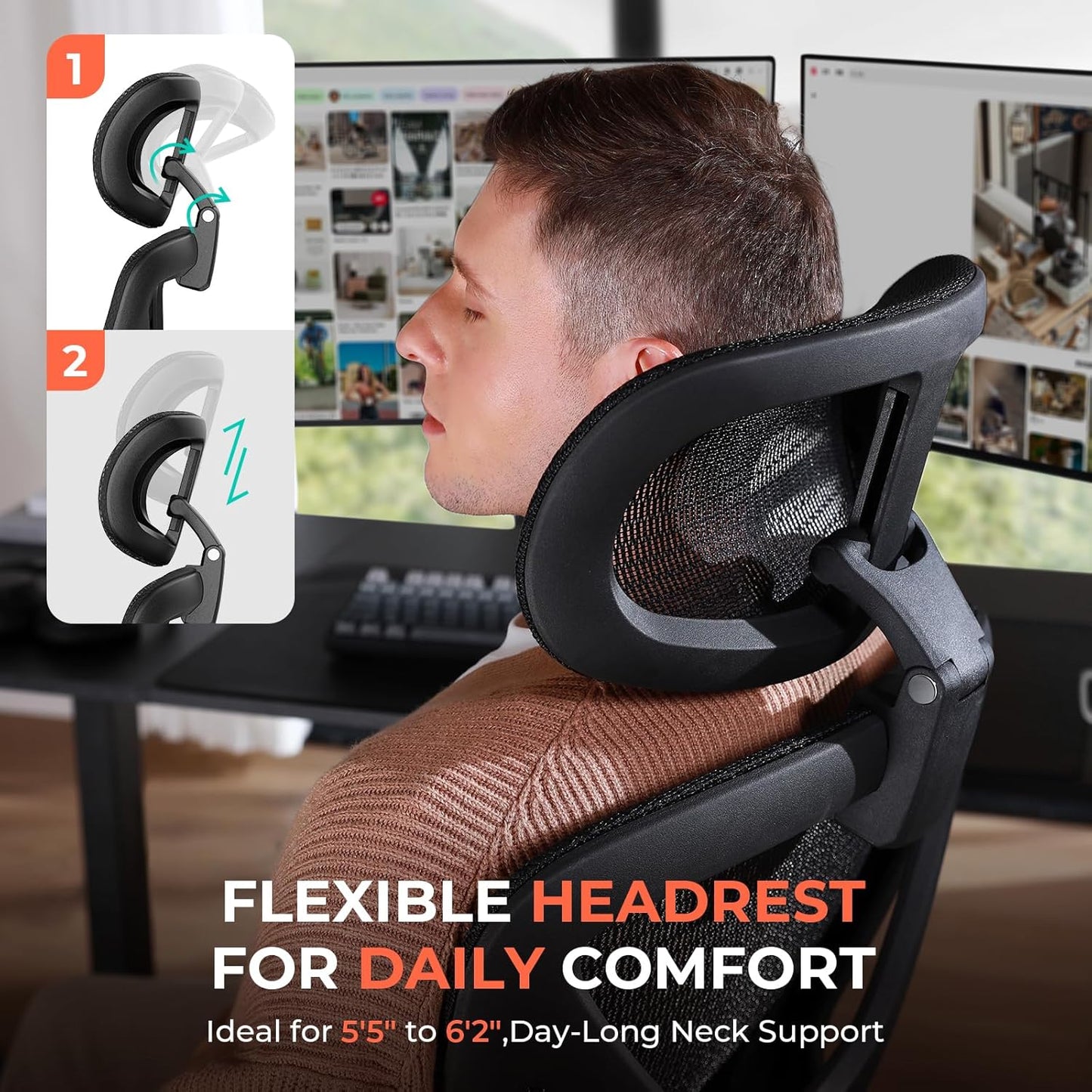 CAPOT Ergonomic Mesh Office Chair, Adjustable Lumbar High Back Desk Chair 400lbs, 4D Flip-up Arms, 3-Level Tilt Backrest, 3D Headrest, PU Wheels, Swivel Rolling Computer Chair for Long Desk Work