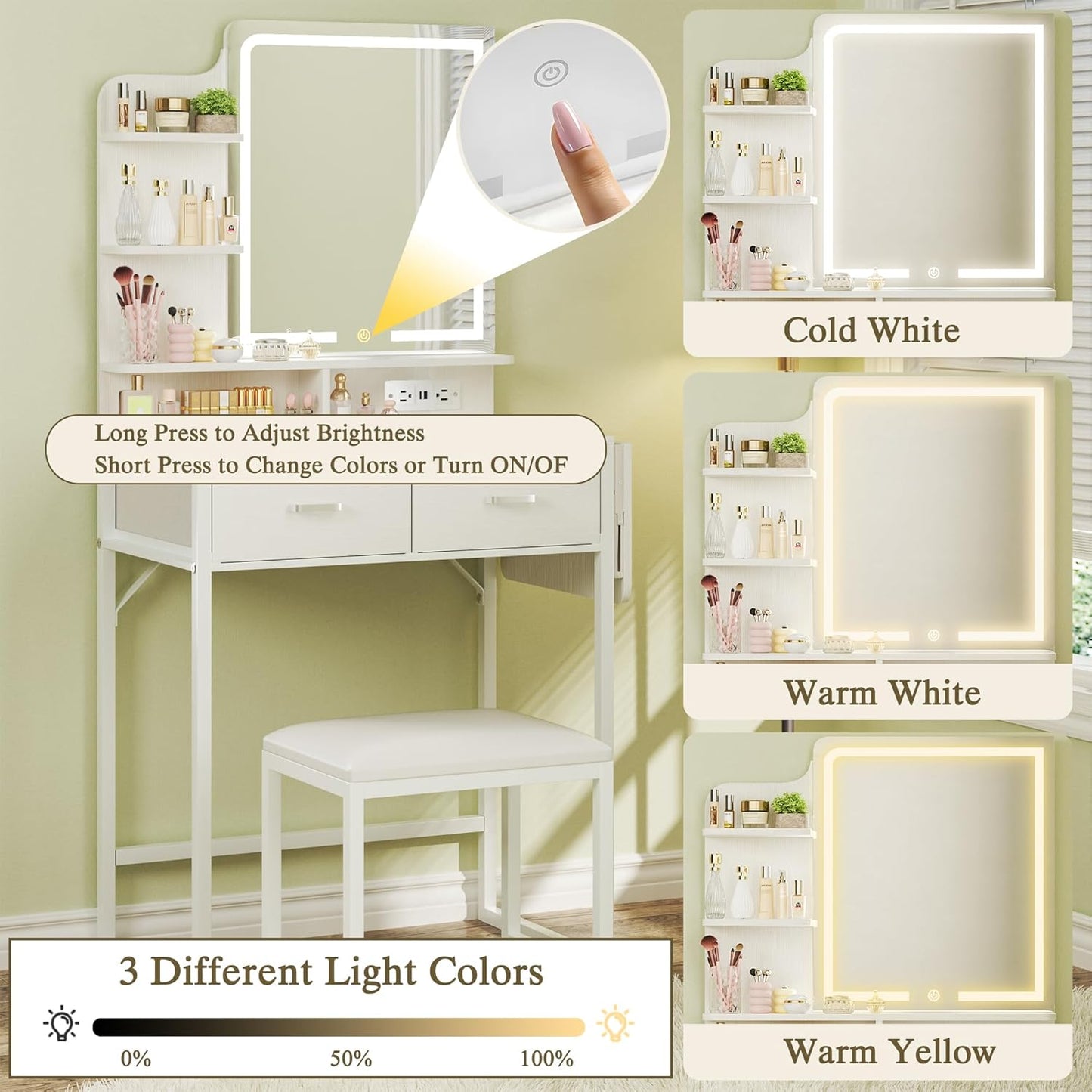 Small Vanity Desk with Mirror and Lights, Makeup Vanity with Fabric Storage Drawer, Chair and Three Shelves, White Vanity with Power Outlet and Fold-up Panel, Bedroom