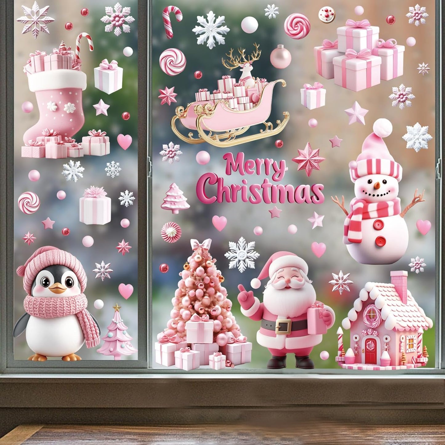 Christmas Window Clings Stickers, 9 Sheets Pink Santa Snowman Penguin Snowflake Christmas Tree Static Decals for Winter Holiday Decoration