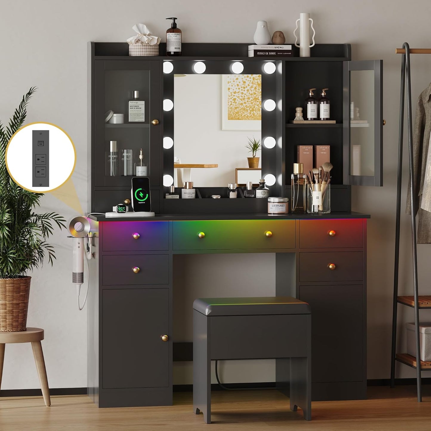 Makeup Vanity Desk with Mirror and Lights, Black Vanity Table Set with Storage Drawers, Charging Station, Cabinets & Chair, Large Dressing Table with RGB Ambient Light for Women Girls Bedroom Bathroom