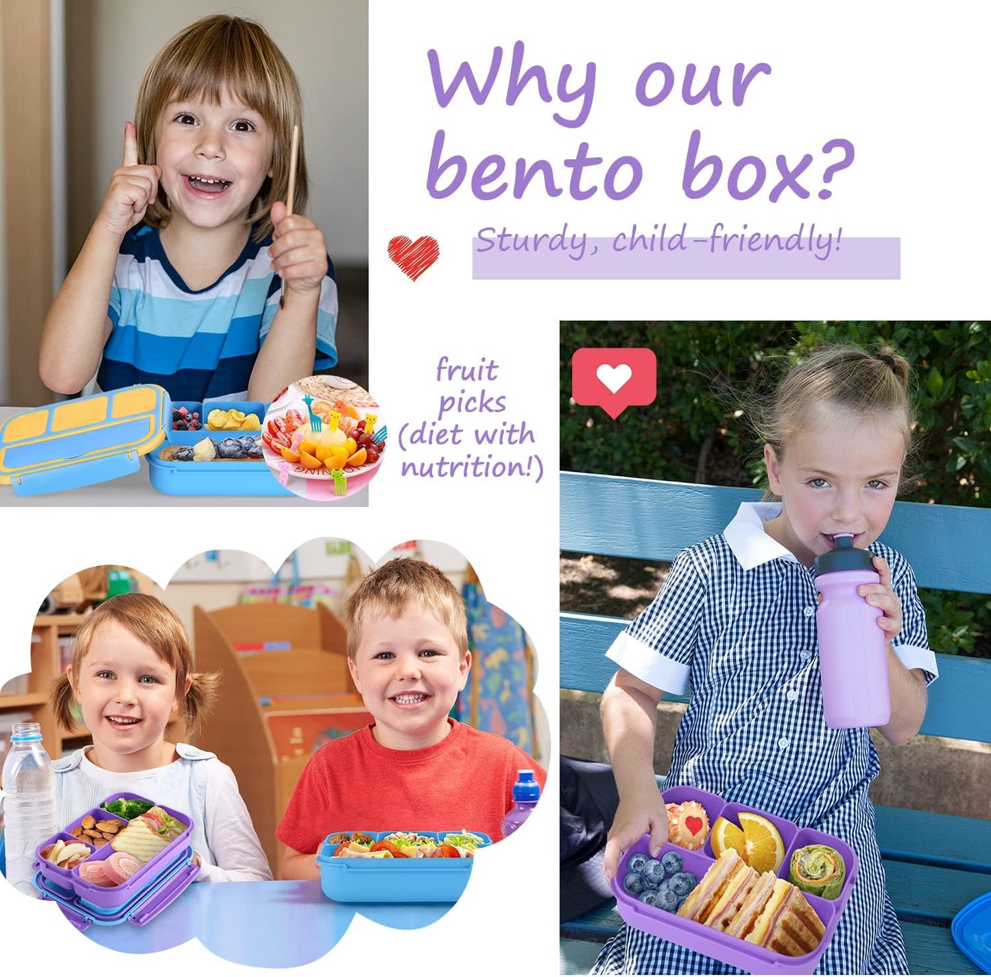 QQKO Bento Lunch Box for Kids Girls Boys, Toddler Kids Lunch Boxes for School, Lunch Containers for Adults with 4 Compartments, Sauce Container, Utensils, Food Picks and Muffin Cups, Purple