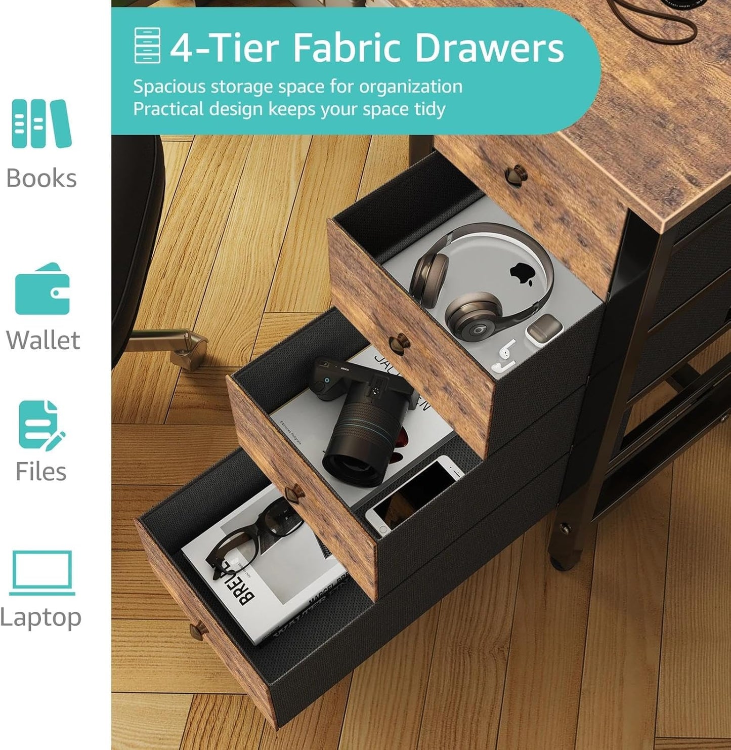 Lufeiya 40 inch Computer Desk with 4 Fabric Drawers, Kids Student Reversible Small Desks for Home Office Small Space, Work PC Desk Table for Bedroom, Rustic Brown