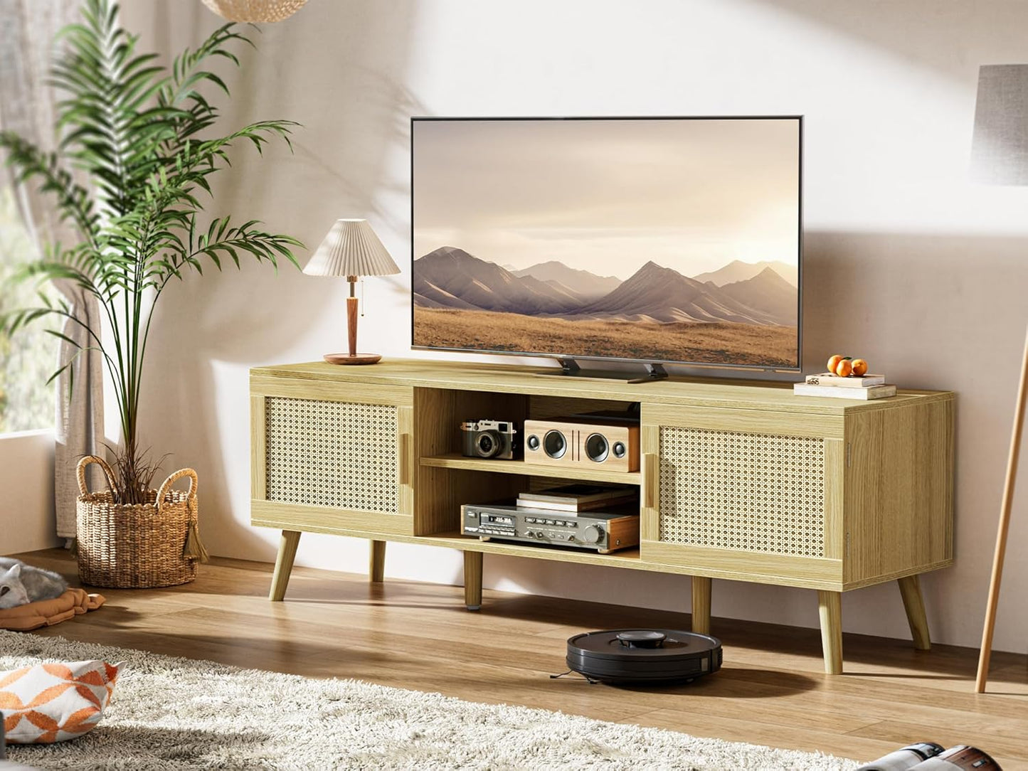 SUPERJARE Boho TV Stand for 65 Inch TV, Entertainment Center with Adjustable Shelf, Rattan TV Console with 2 Cabinets, Media Console, Solid Wood Feet, 4 Cord Holes, for Living Room - Natural, 8782T