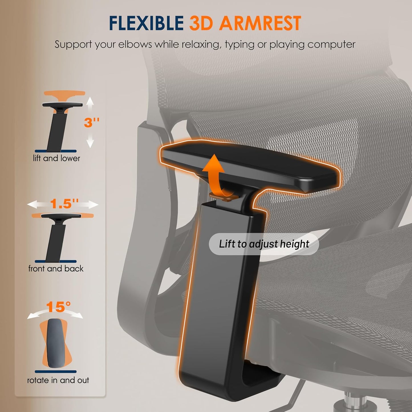 GABRYLLY Ergonomic Office Chair, High-Back Desk Chairs with Adjustable Lumbar Support, Headrest, Tilt Function, Soft Wide Seat and 3D Armrest, 300 LBS Sturdy Home Mesh Chair Task Chairs, GY1070