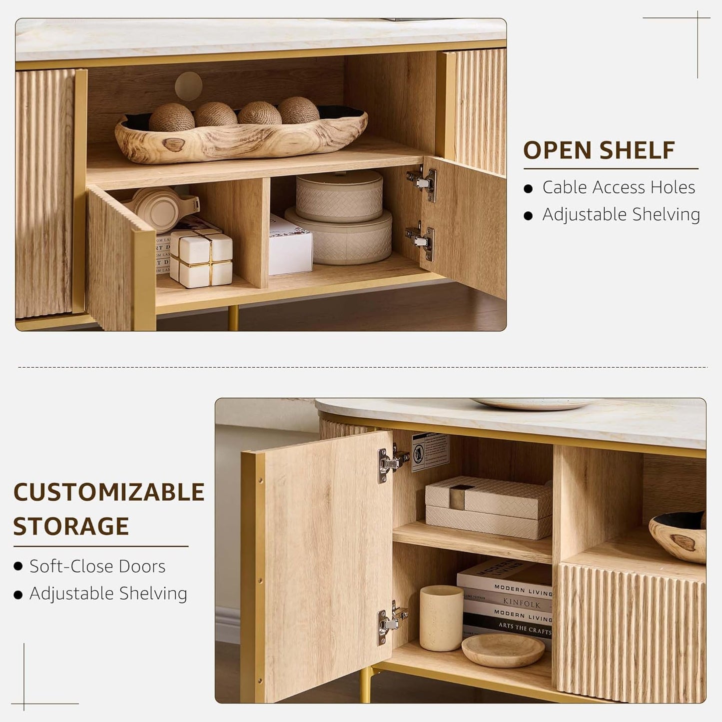 OKD Luxury 70" Fluted TV Stand, Modern Chic Entertainment Center for TVs Up to 80 inches, TV Console with Faux Marble Top, Curved Profile Design, Media Console for Living Room, Natural Oak