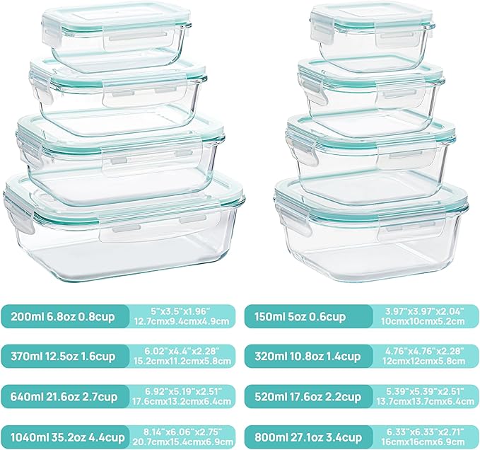 Vtopmart 8 Pack Glass Food Storage Containers with Airtight Lids, Glass Meal Prep Containers, Lunch Office Meal for Microwave, Oven, Freezer and Dishwasher, BPA Free