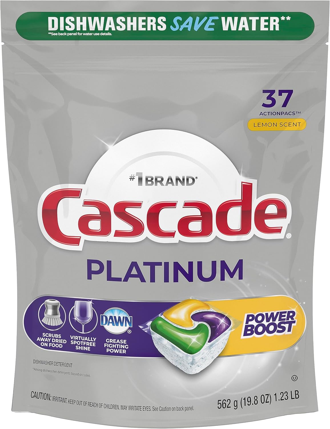 Cascade Platinum Power Boost Dishwasher Pods, Dishwasher Detergent, Dishwasher Soap, Dish Tabs, Dishwashing Tablets, Dish Detergent, Lemon, Actionpacs, 37 Count