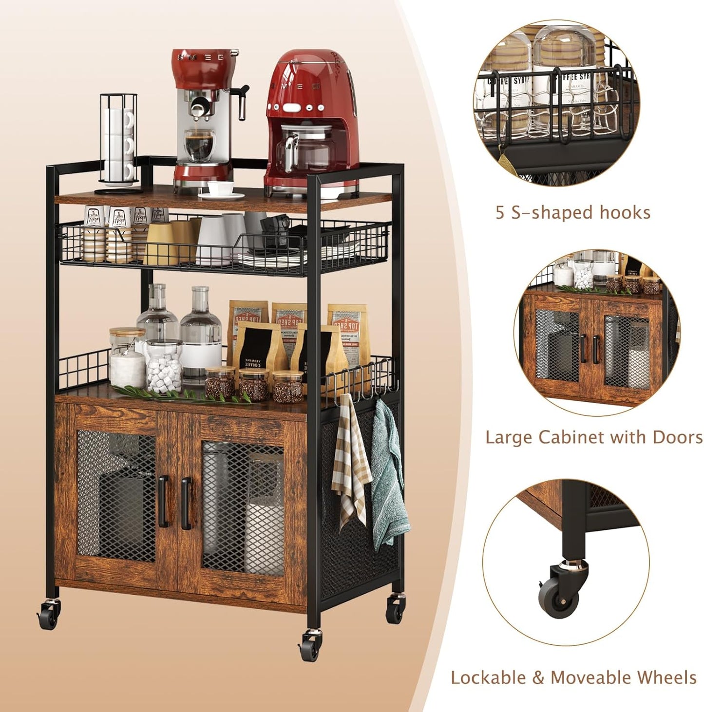 Coffee Bar Cabinet, 3 Tier Coffee Station Table on Wheels, 35.9" H Bar Cart with Wire Basket Drawer & 5 Hooks for Home Kitchen, Liquor Buffet Sideboard Cabinet (Rustic Brown)