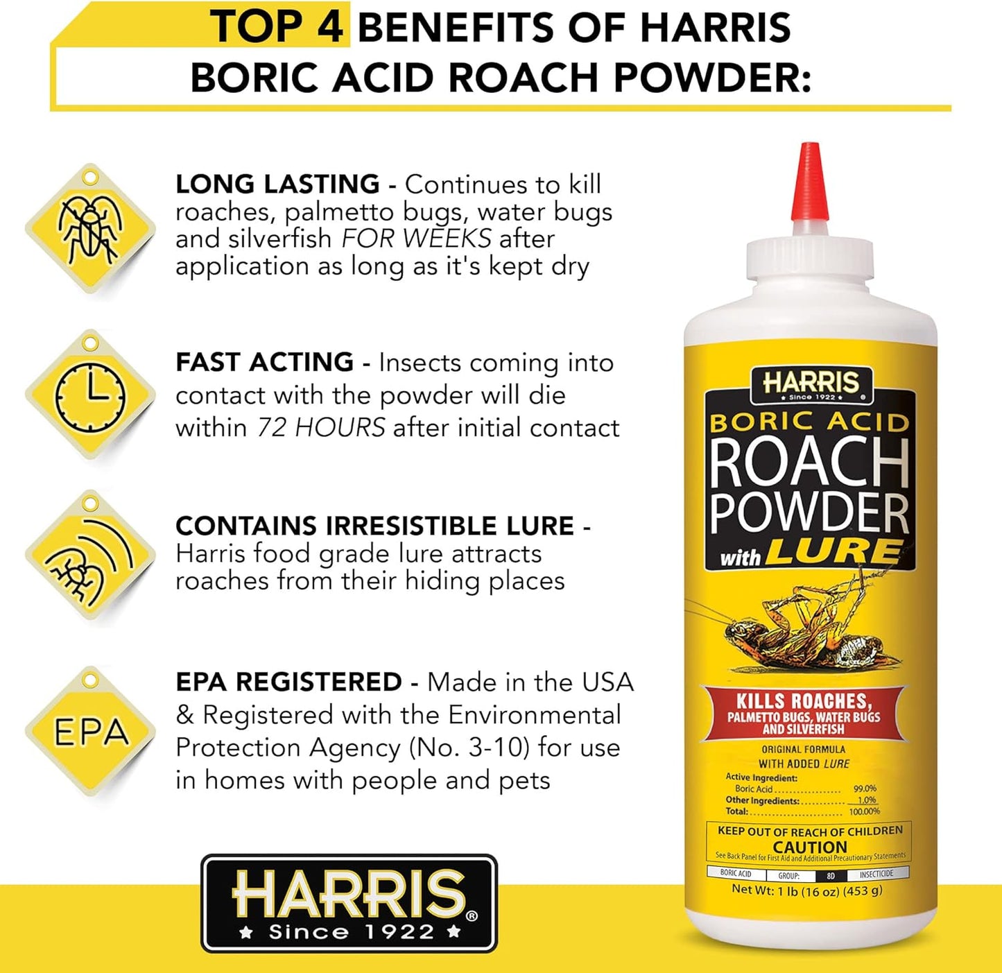 HARRIS Boric Acid Roach and Silverfish Killer Powder w/Lure for Insects (16oz)