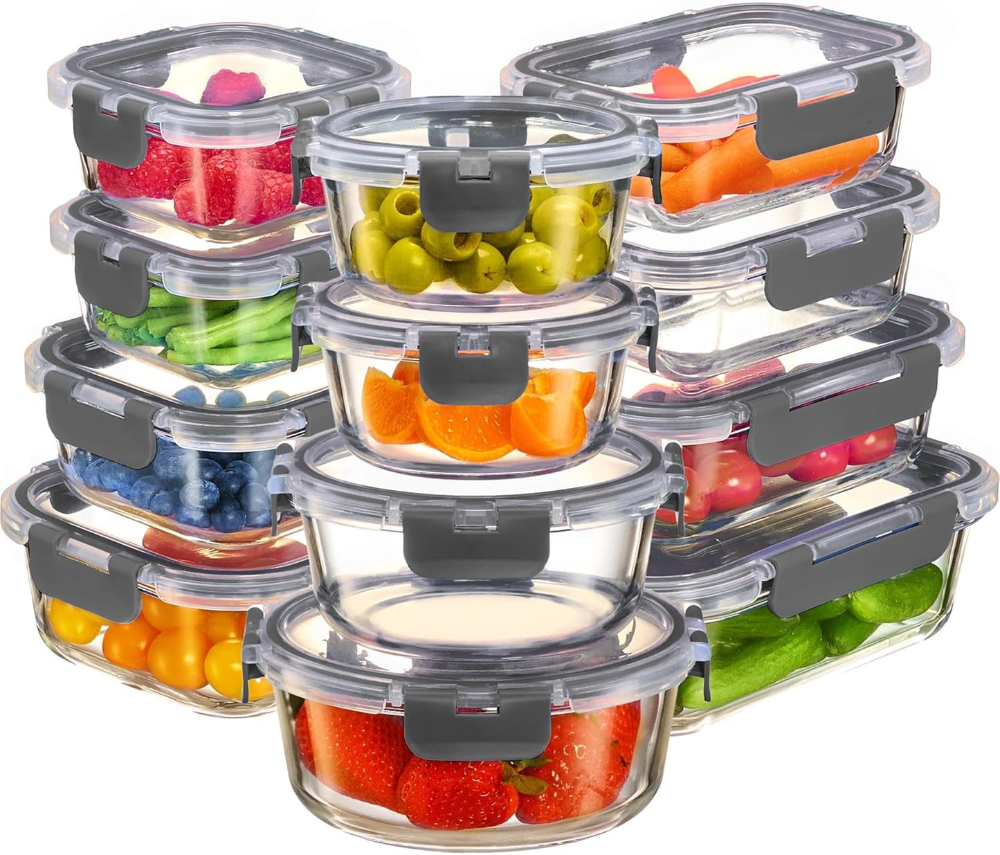 FineDine Airtight Glass Storage Containers with Hinged Locking Lid BPA Free for Meal Prep/Moving/Freezer/Oven