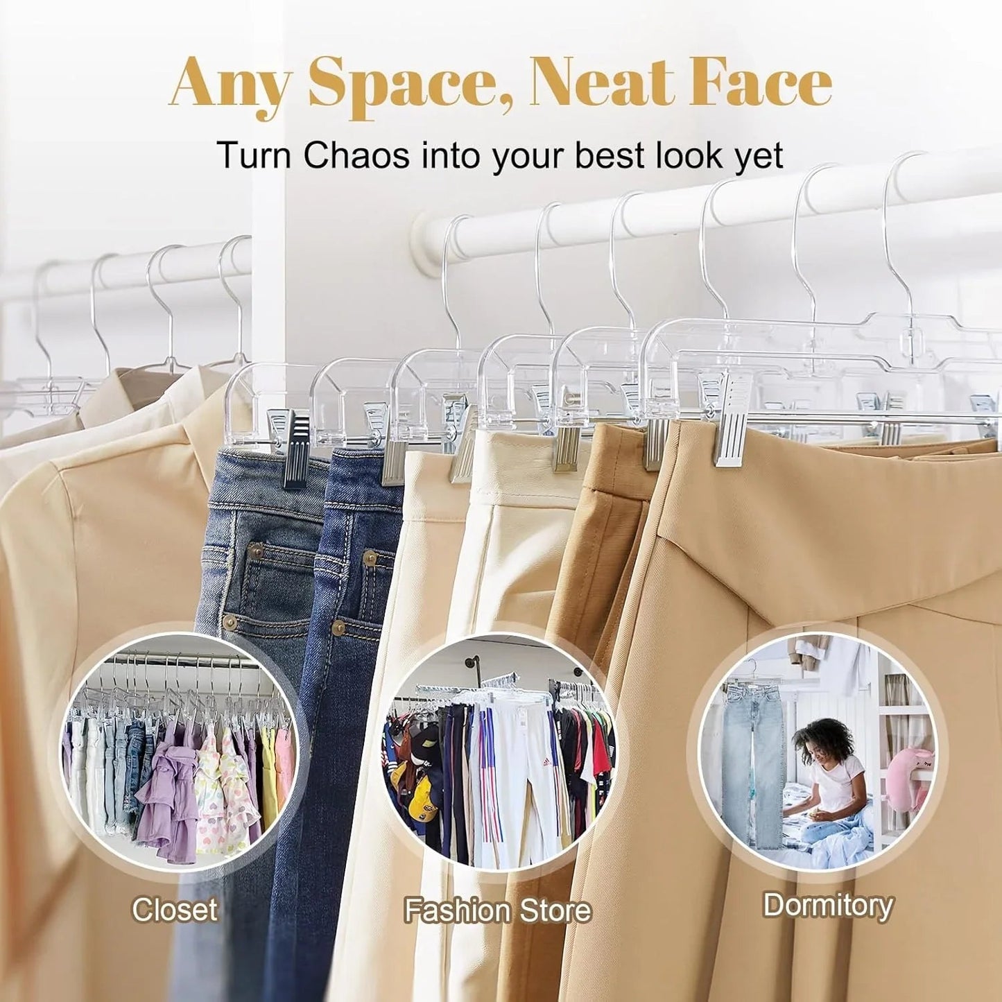 HOUSE DAY 12-Pack 14" Clear Plastic Skirt Hangers with Clips & Swivel Hook - Cart Shape