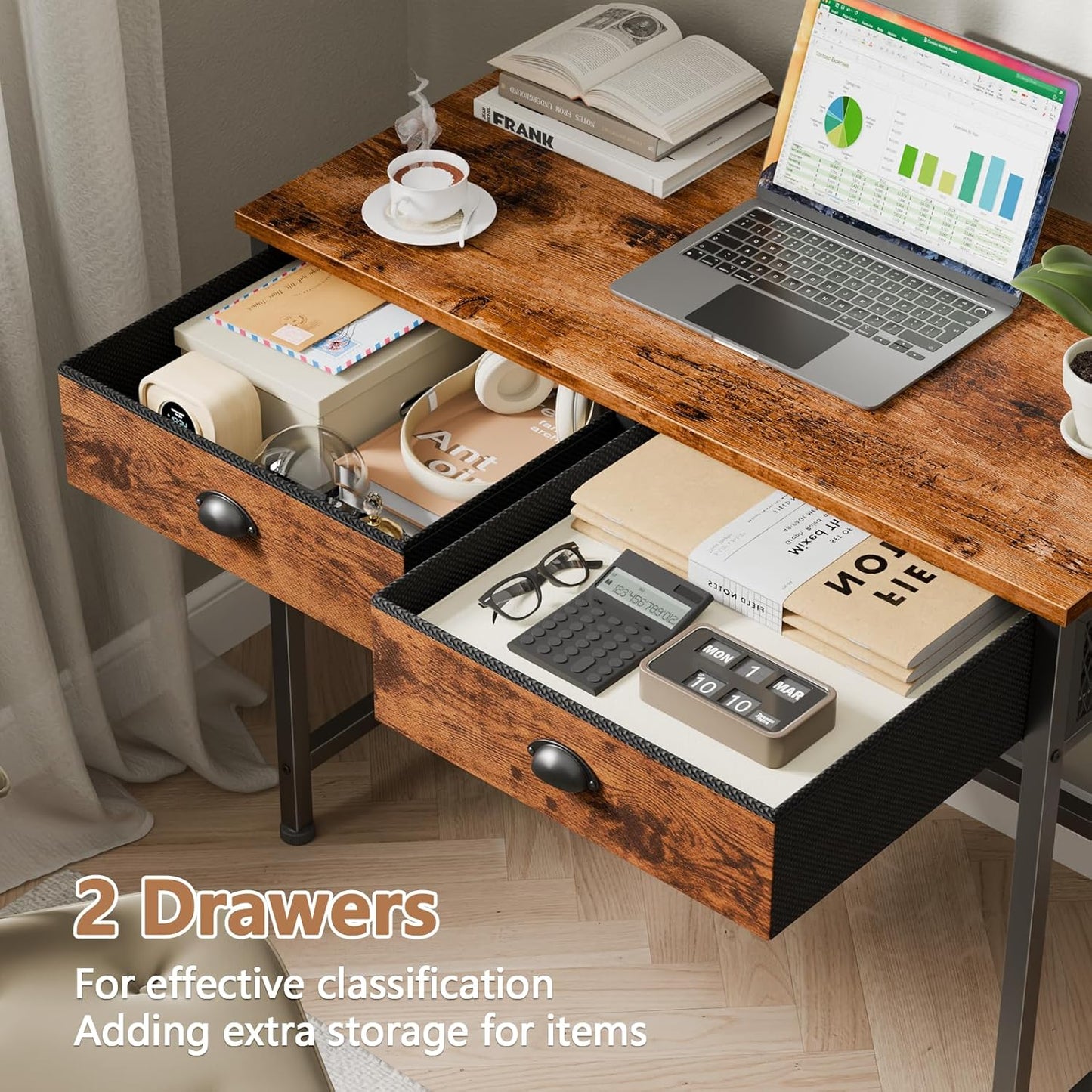 Furologee Small Computer Desk with 2 Fabric Drawers for Bedroom,34 Inch Home Office Writing Desk, Vanity Desk with Hooks, Simple Study Desk for Small Spaces, Makeup Dressing Table, Rustic Brown