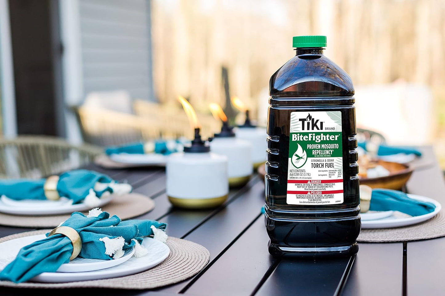 TIKI BiteFighter Mosquito Repellent Torch Fuel - 1 Gallon (128 oz.), Citronella & Cedar Formula for Mosquito Repellency, Easy Pour Bottle, Use with Torches & Table Torches, Outdoor & Backyard Use