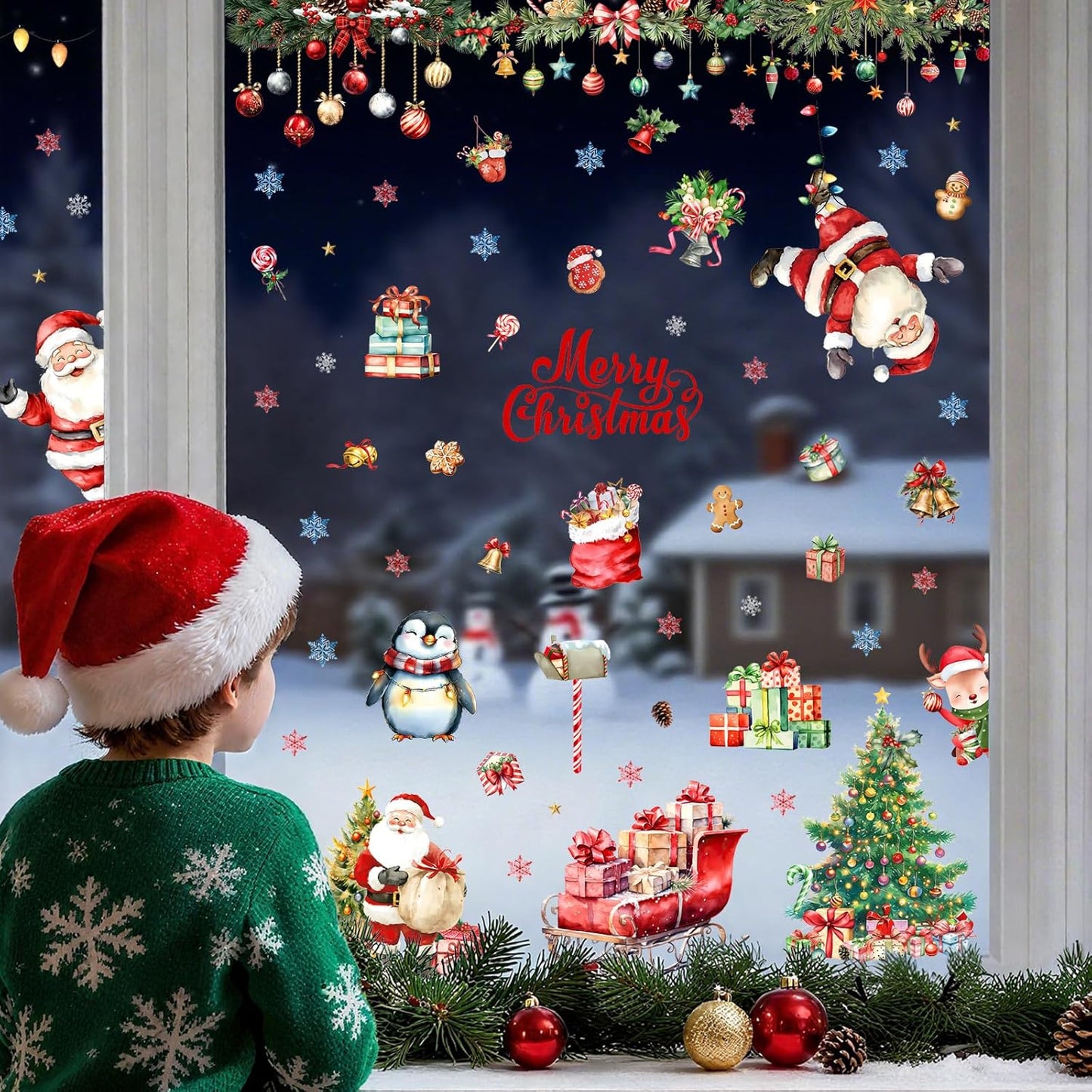 9 Sheets Christmas Window Stickers - Festive Holiday Lights, Santa, Snowman & Reindeer Window Clings, Reusable Christmas Windows Decals for Home Party Decor/Indoor Glass Decoration Festival Decor