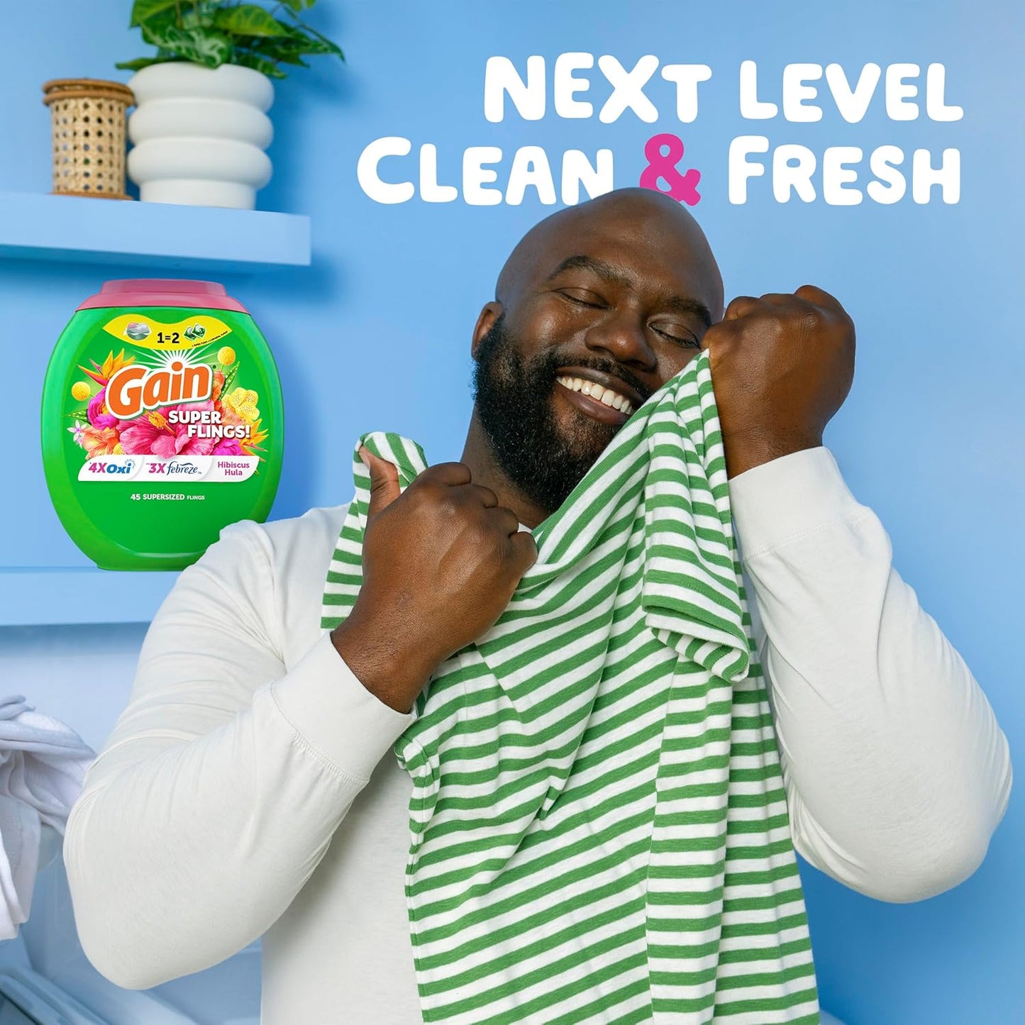 Gain Super Sized Flings Laundry Detergent Pacs with Hibiscus Hula Scent, Powerful Cleaning for Lasting Freshness, HE Compatible, 45 Count, Gain Laundry Detergent Pods