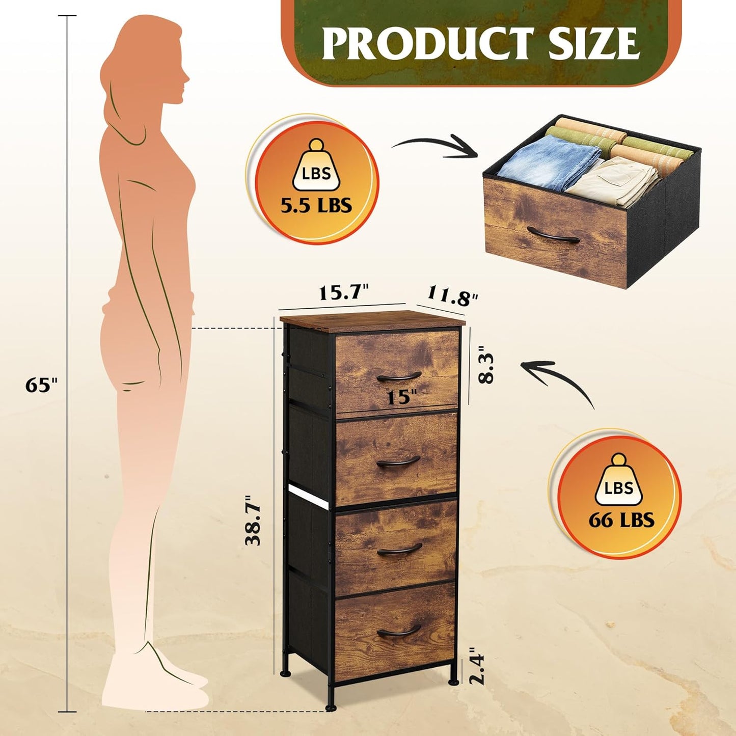 WLIVE Dresser with 4 Drawers, Fabric Storage Tower, Organizer Unit for Bedroom, Hallway, Entryway, Closets, Sturdy Steel Frame, Wood Top, Easy Pull Handle, Rustic Brown Wood Grain Print