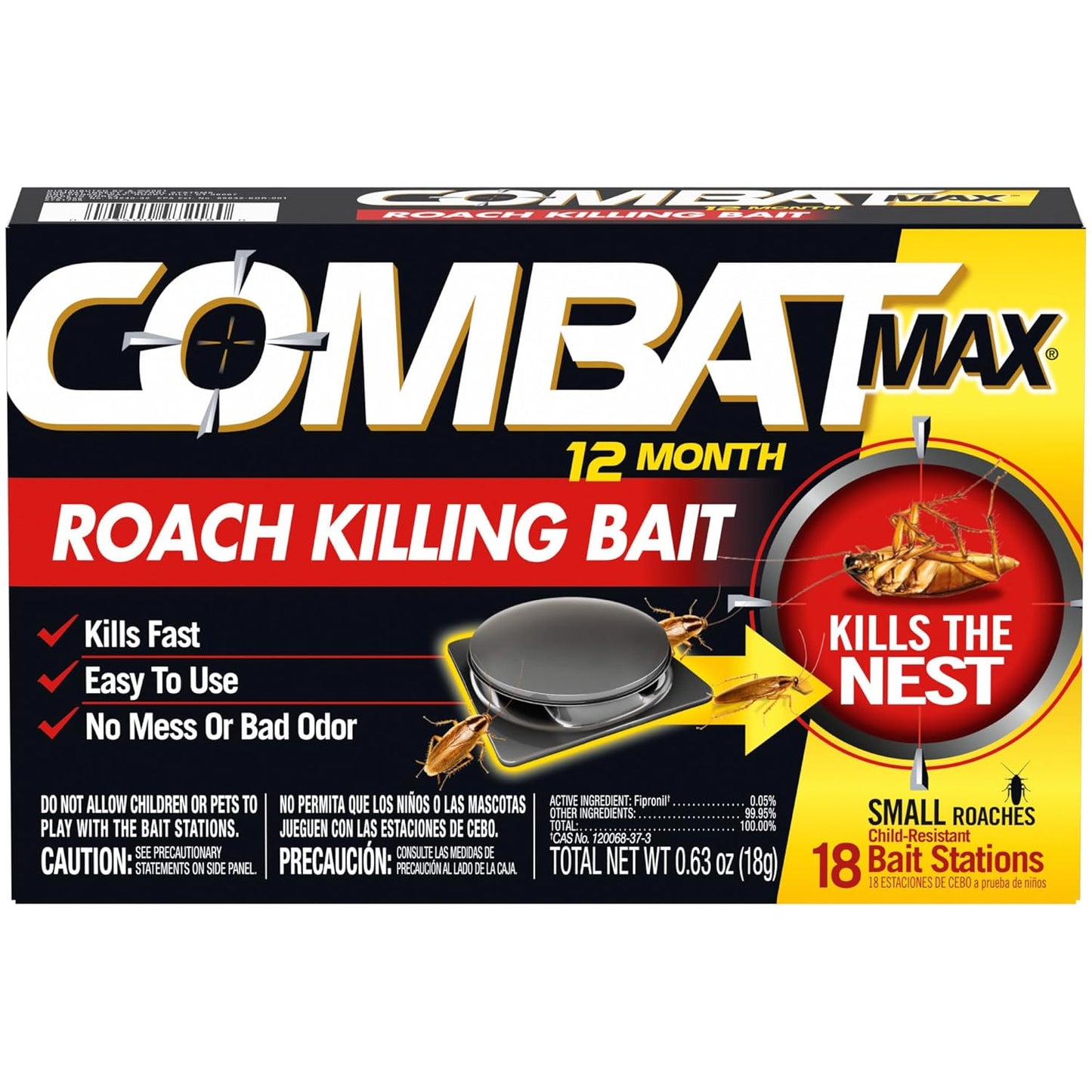 Combat Max 12 Month Roach Killing Bait, Small Roach Bait Station, Child-Resistant, 18 Count