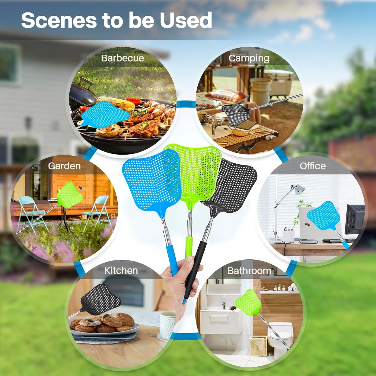 Telescopic Fly Swatter, Begonia Fly Swatter for Indoors,Manual Plastic Flyswatter Heavy Duty with Stainless Steel Telescopic Handle (3 Pack)