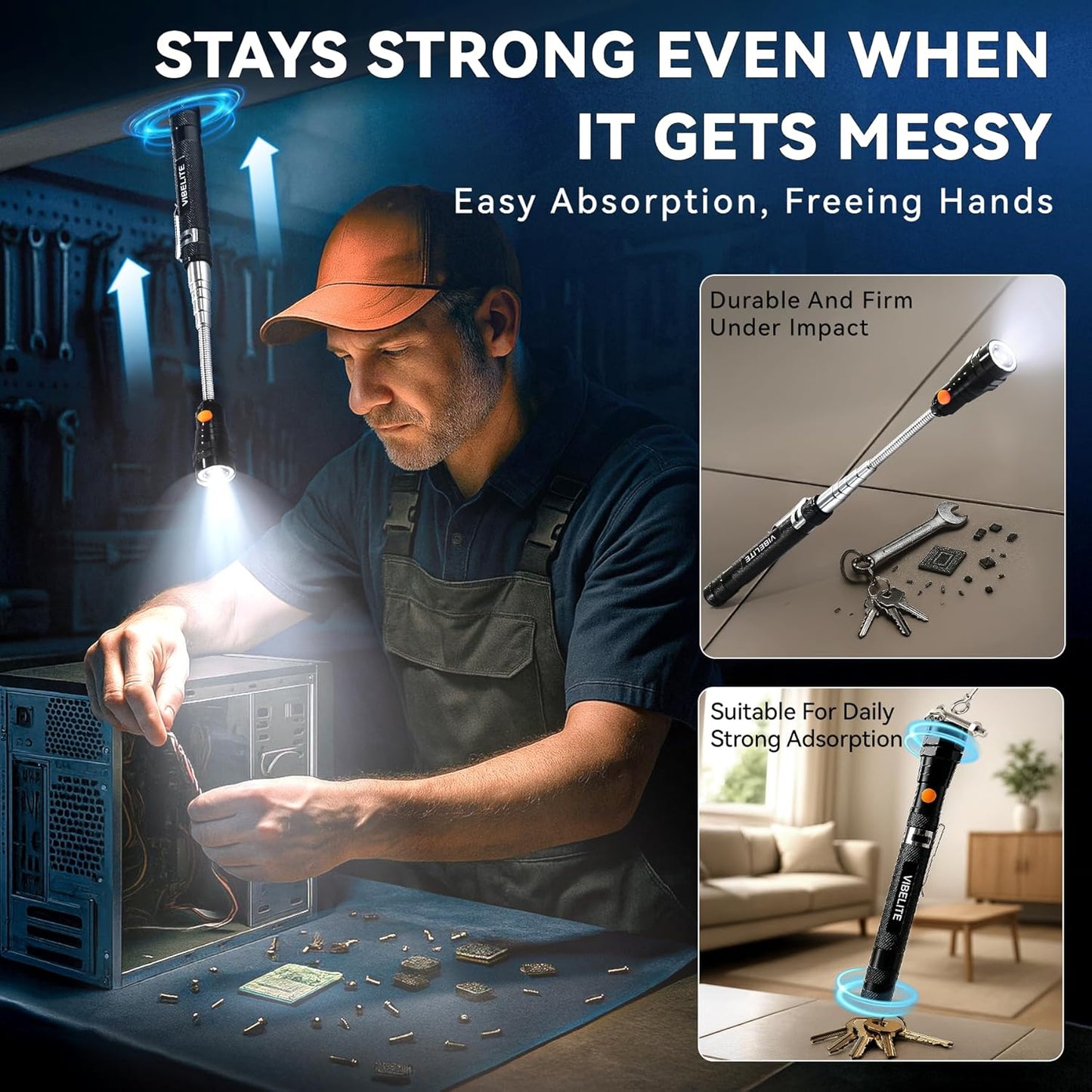 VIBELITE Extendable Magnetic Flashlight with Telescoping Magnet Pickup Tool-Cool Gadget Gifts Stocking Stuffers for Men, Teen Boys, Husband, Dad, Father, Mechanic, Him, Women, Black