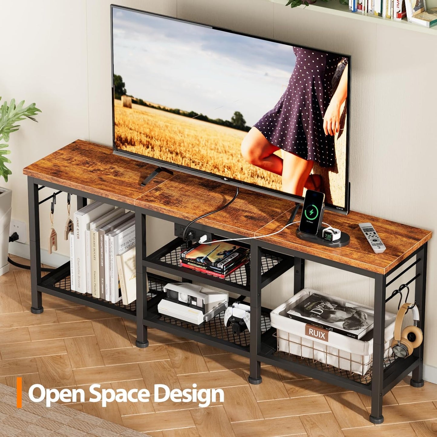 Furologee TV Stand with Power Outlets, Entertainment Center with Open Storage Shelves for TVs up to 55 Inch, Media Console Table with Soundbar Shelf for Living Room, Bedroom, Rustic Brown