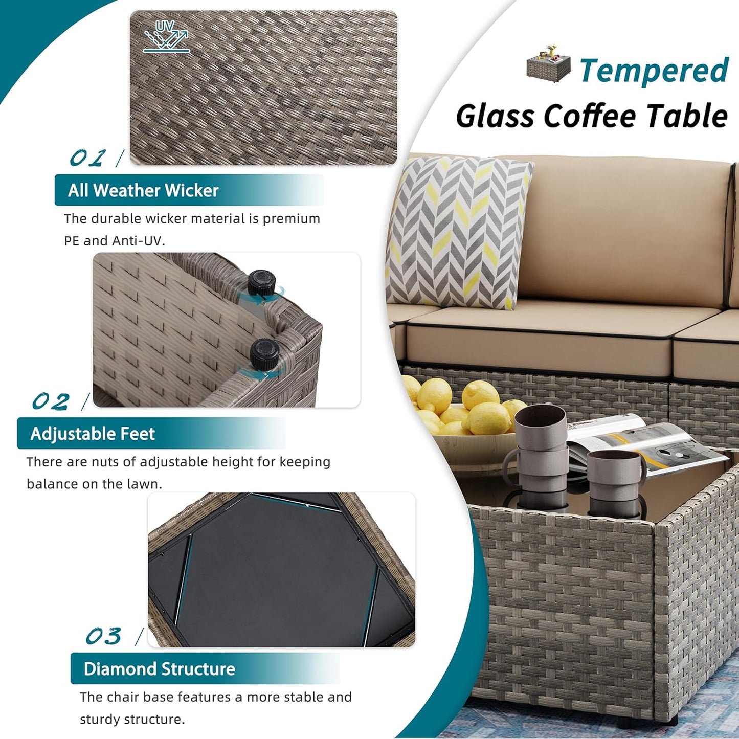 Shintenchi 7 Pieces Outdoor Patio Sectional Sofa Couch, Wicker Furniture Patio Conversation Sets with Washable Cushions & Coffee Table for Garden, Poolside, Backyard