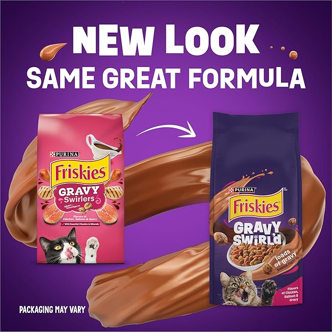Purina Friskies Dry Cat Food Gravy Swirl'd With Flavors of Chicken, Salmon and Gravy - 3.15 lb. Bag